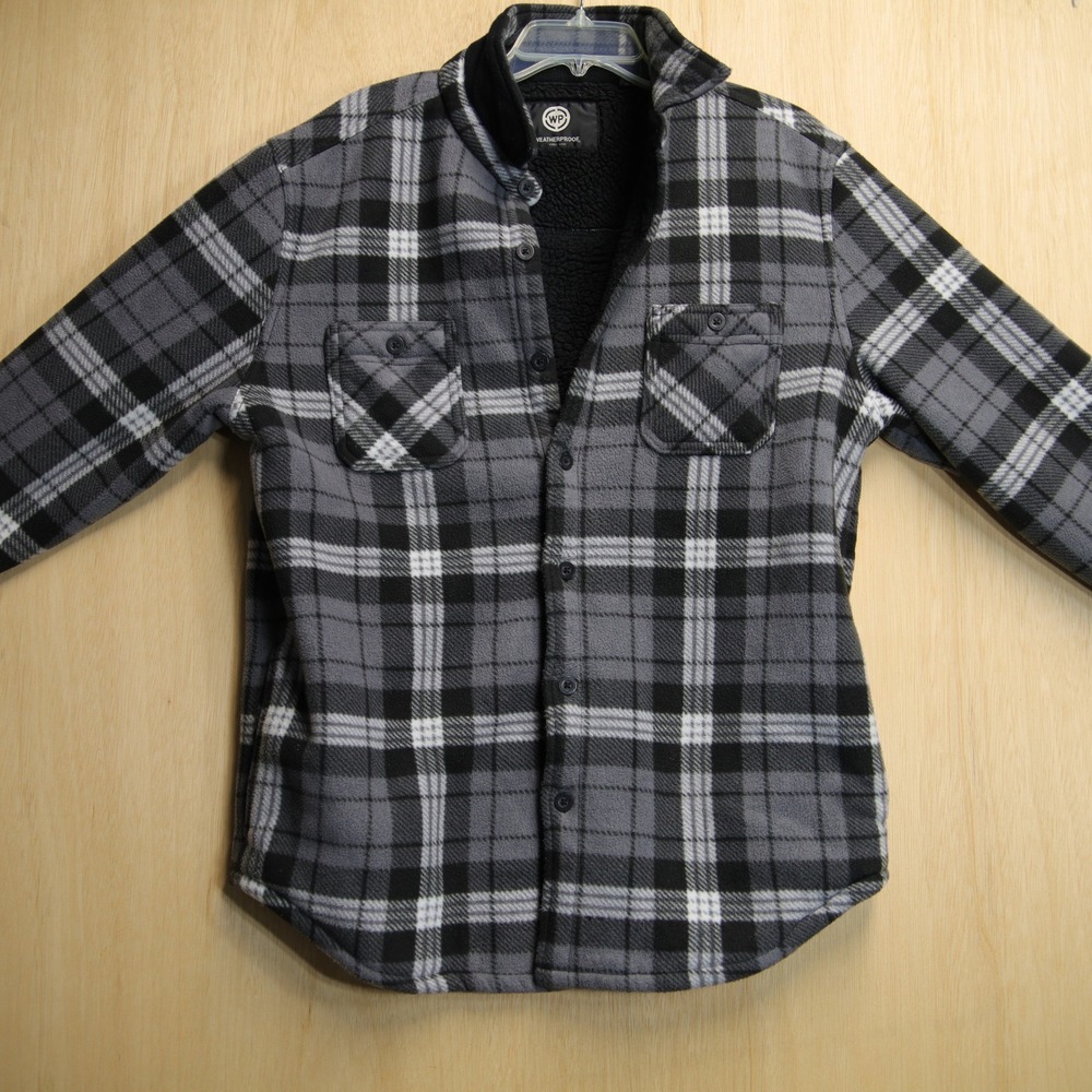 Weatherproof Mens Fleece Plaid Shirt Jacket Faux Fur Lined Grey Black Large